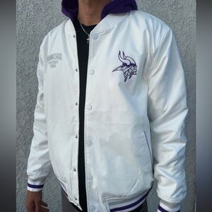 The Wild Collectives Minnesota Vikings Hooded Bomber Jacket Unisex XL White